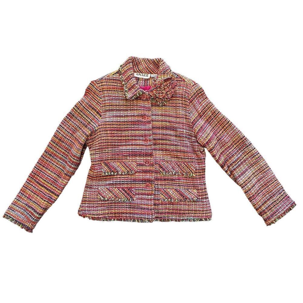 Vintage Anage Pink Colorful Tweed Blazer Jacket Size Large Rainbow Flower Fringe - Picture 2 of 15
